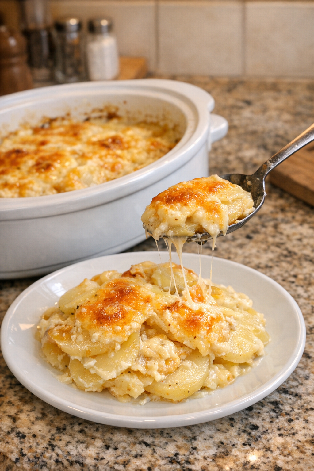 Finished cheesy potato gratin plated from the slow cooker