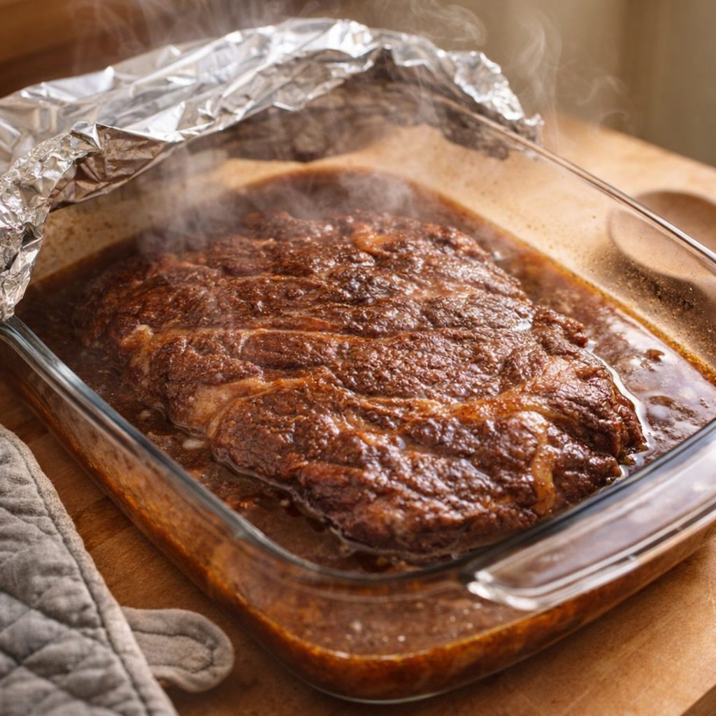 Freshly baked chuck roast resting under foil