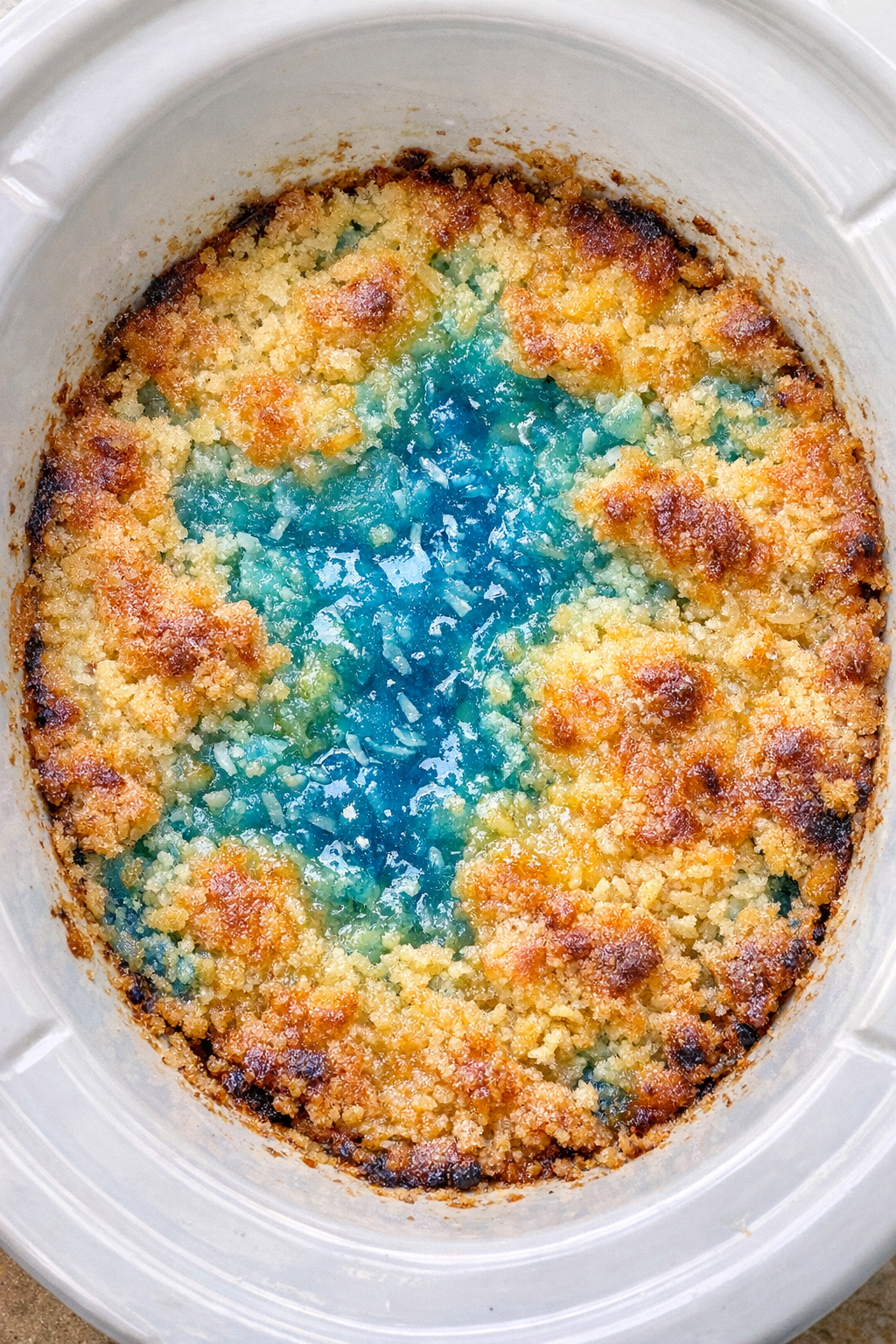 Slow cooker ocean water dump cake in a white slow cooker
