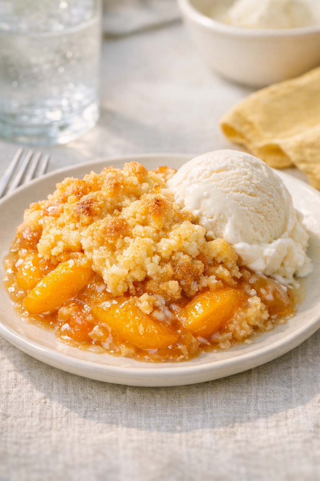 Finished peach dump cake plated with ice cream