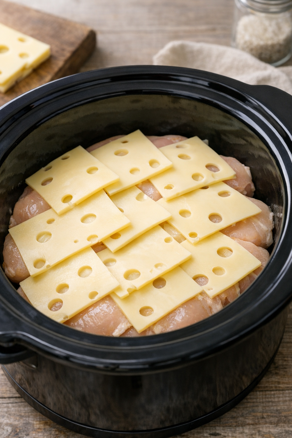 Swiss cheese slices layered over chicken in the slow cooker