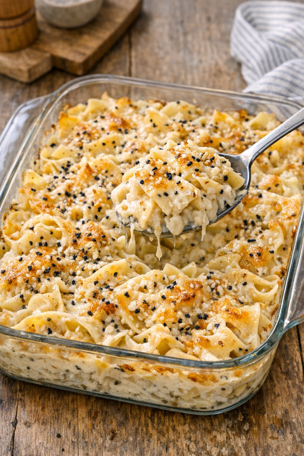 Finished baked everything bagel cream cheese noodles in a casserole dish