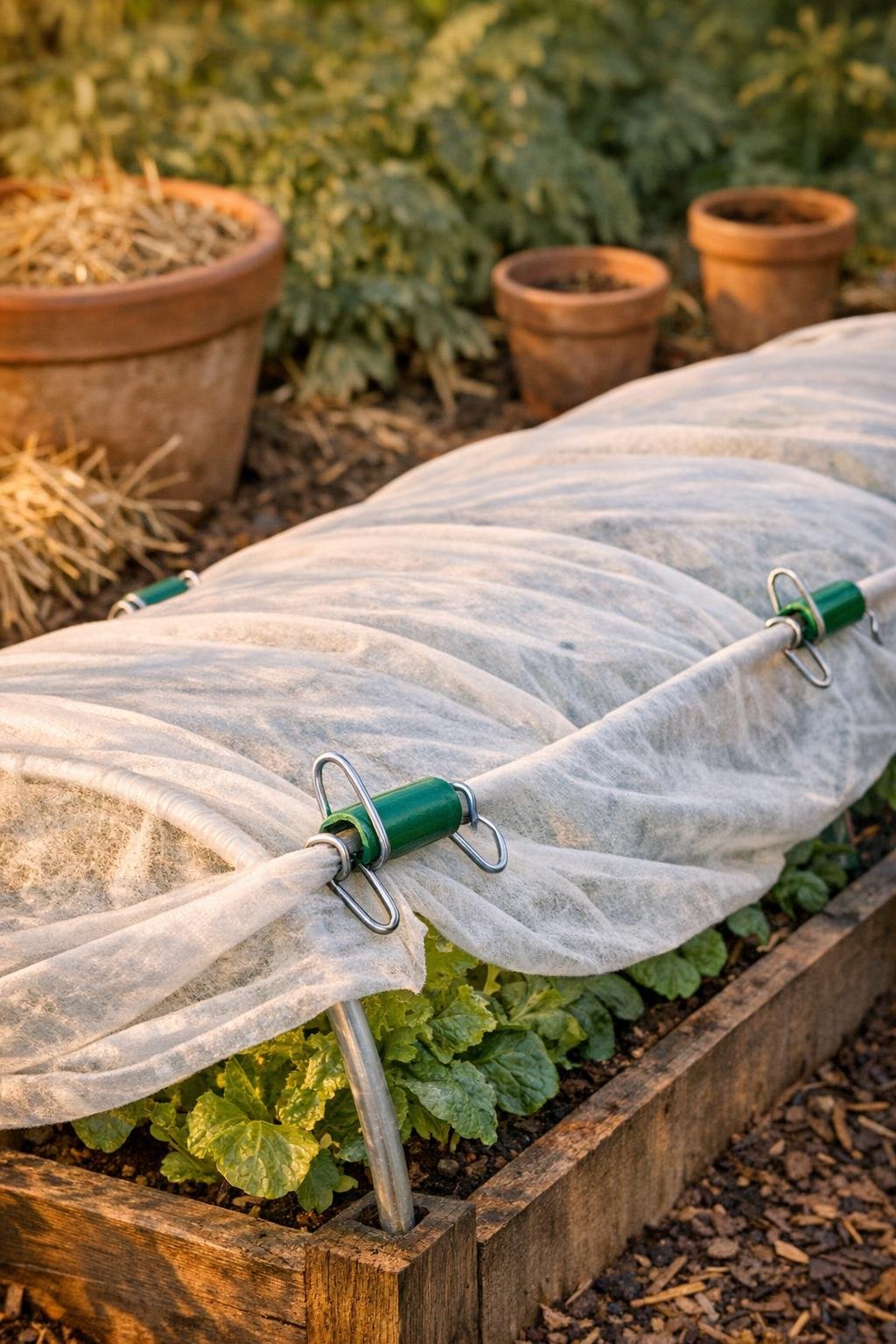 Finished homemade row cover clamps securing frost cloth on a raised bed in a garden