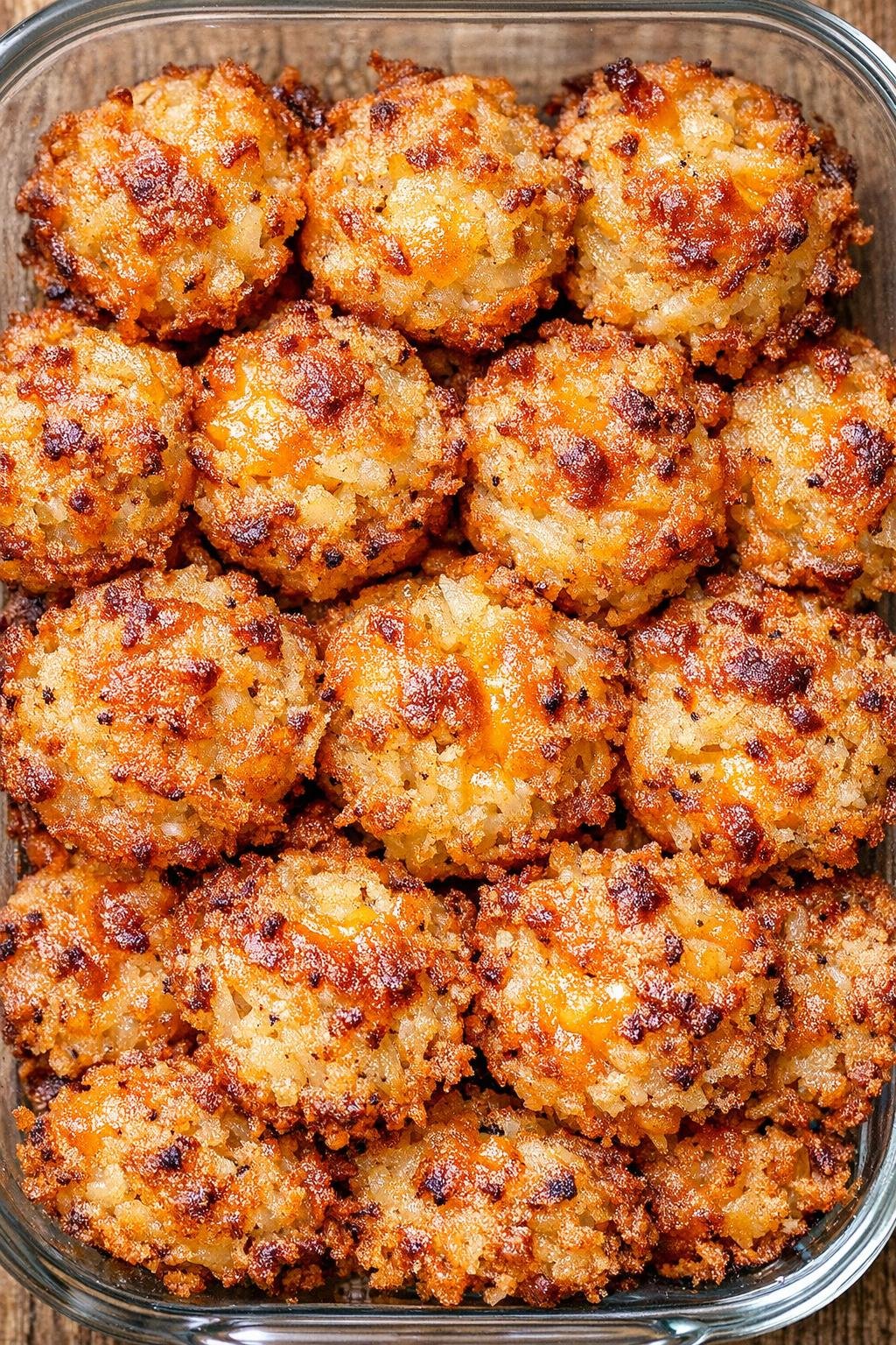 Southern 3-ingredient cheesy hashbrown bites in a glass casserole dish