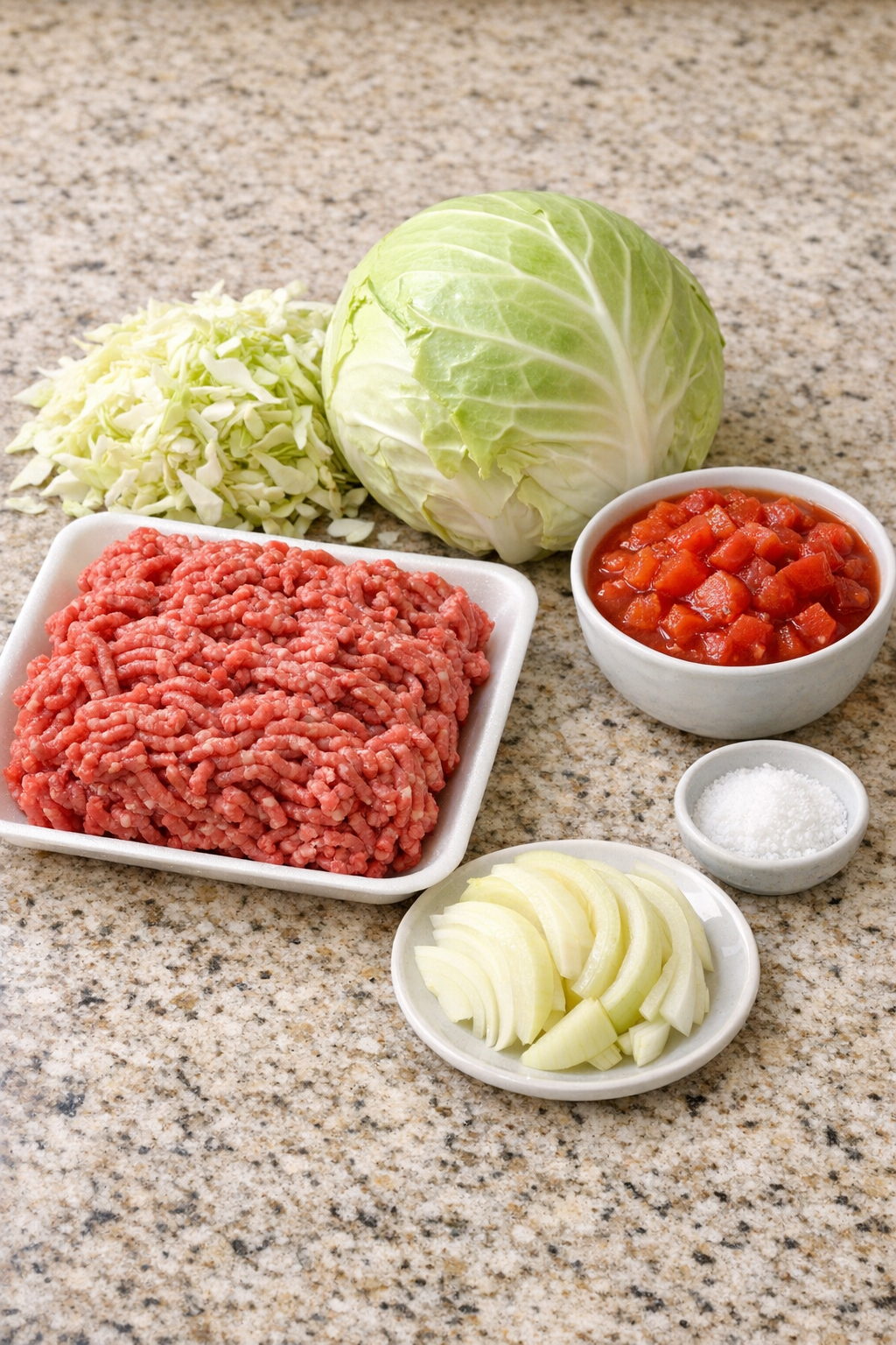 Main ingredients for Amish cabbage beef arranged on a countertop