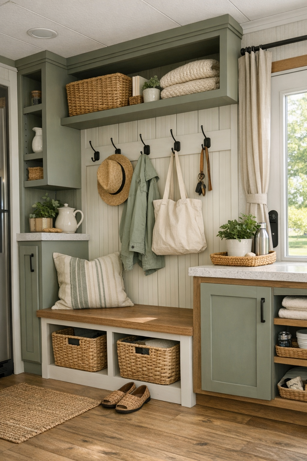 Smart built-in storage area with entry hooks, shelving, and cozy multipurpose details