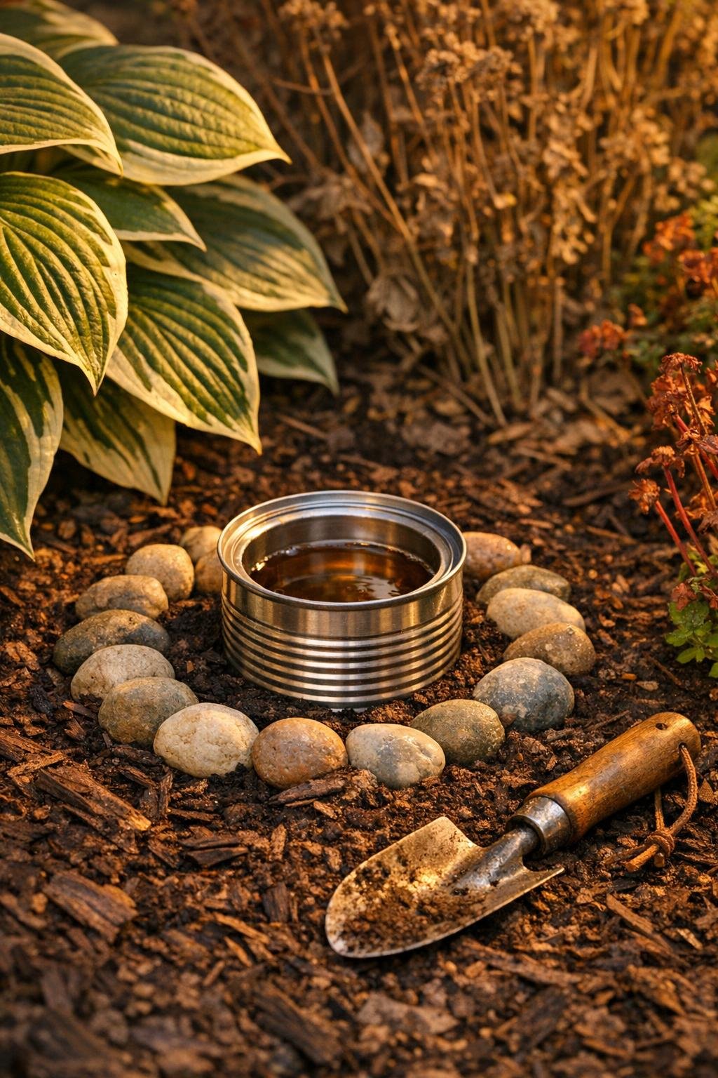 Finished buried aluminum soup can slug trap styled neatly in a garden bed