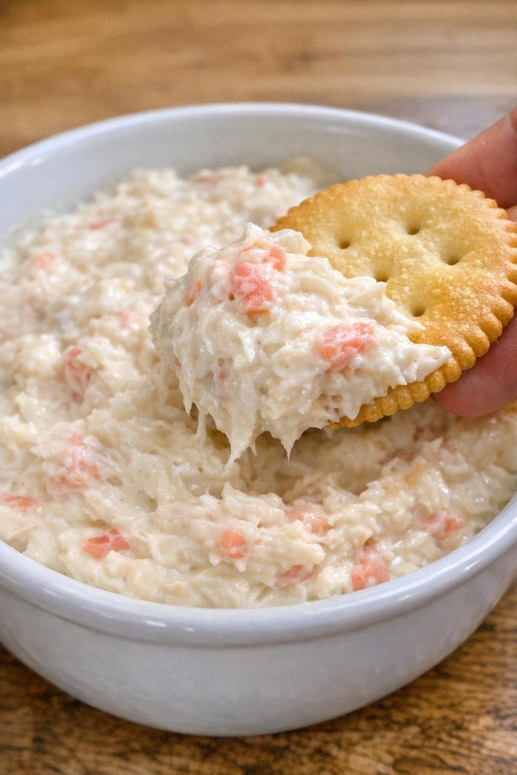 Close-up of crab gentry dip in a white bowl with a butter cracker scooping it