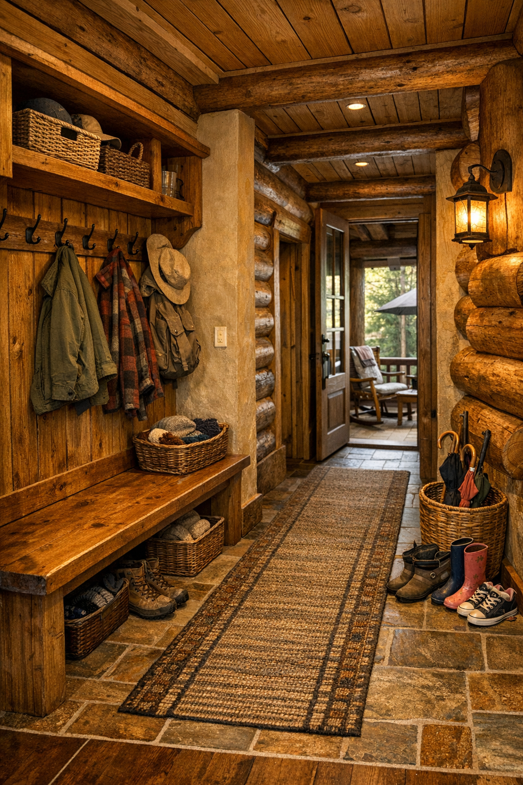Functional entry and porch-inspired transition space with built-in bench, timber details, and lantern lighting
