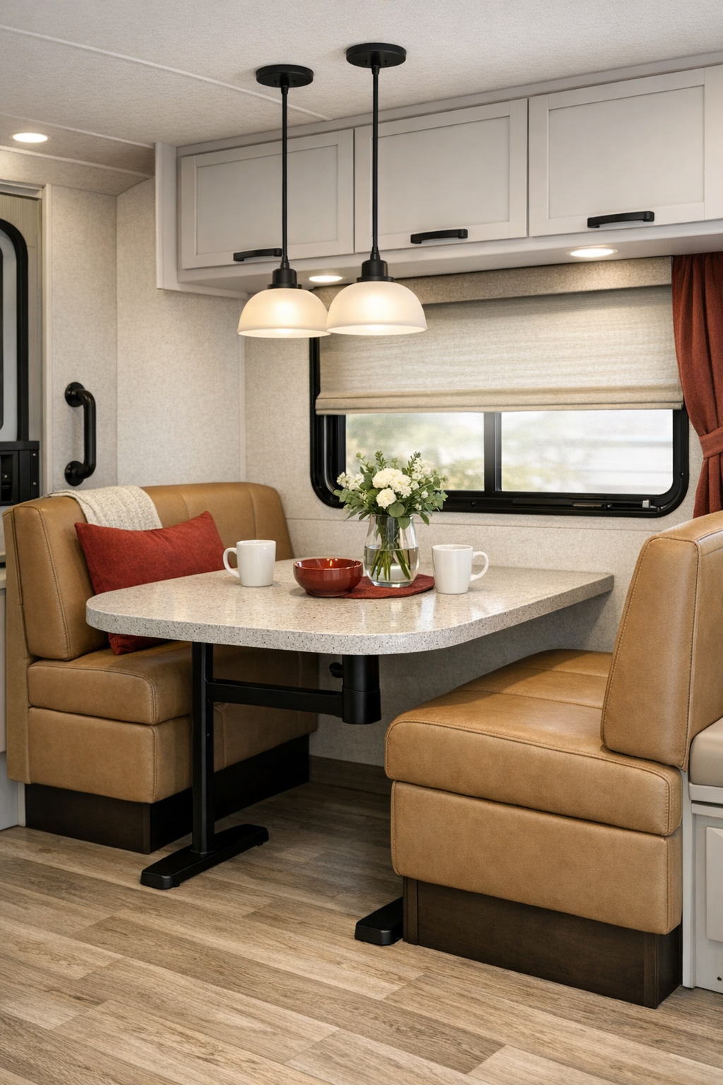 RV dining area with rounded table, upholstered bench, and warm modern finishes