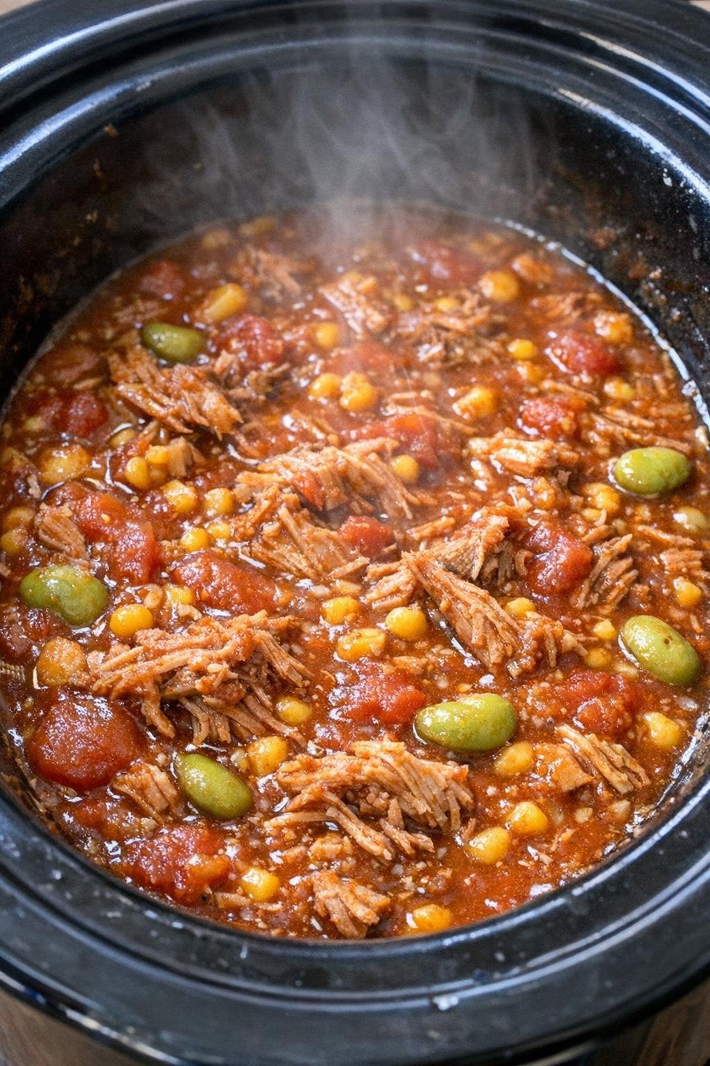 Close-up of a hearty slow-cooked stew in a black slow cooker crock