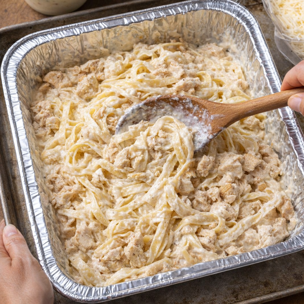 Chicken alfredo mixture being stirred in a foil pan before baking