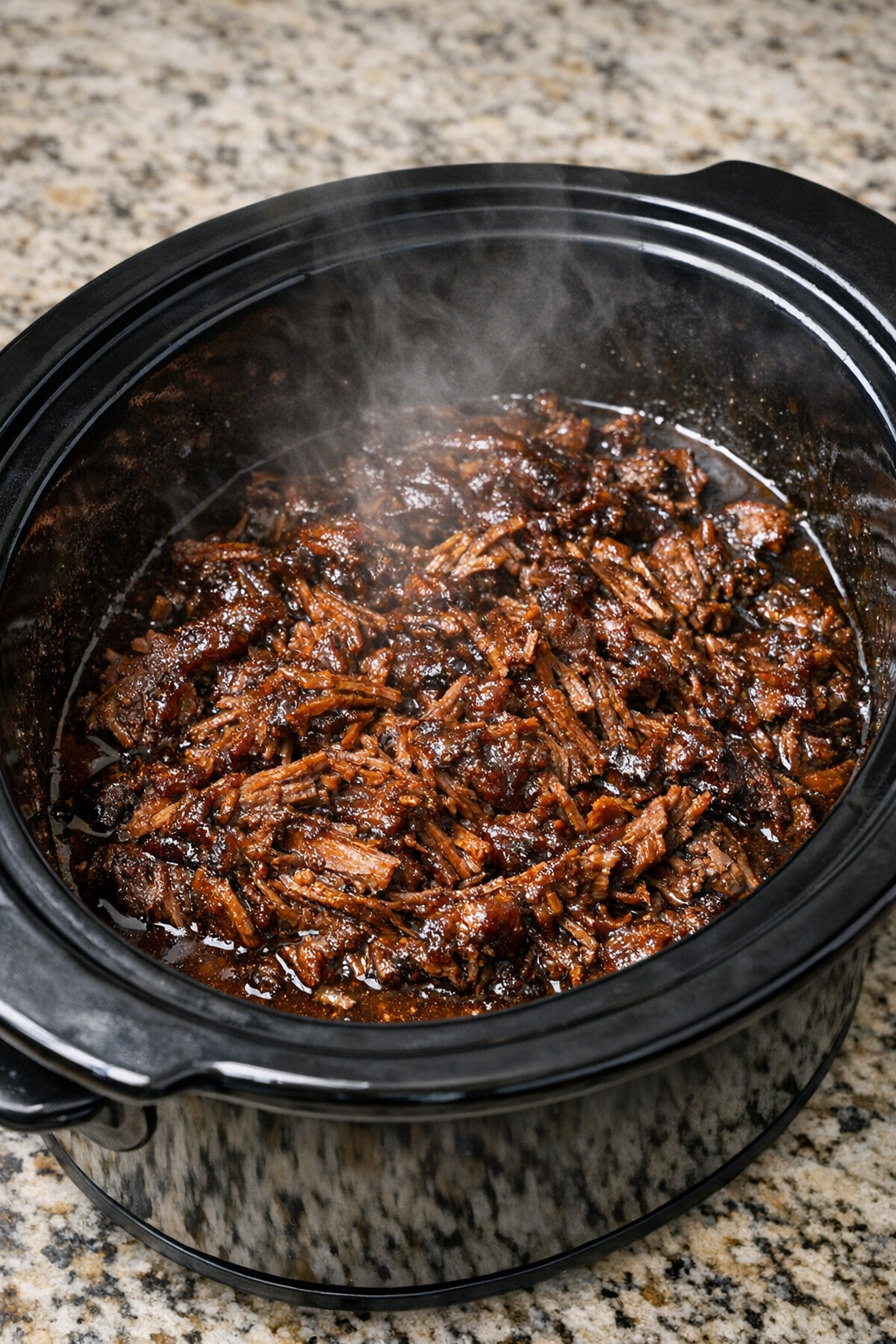 Tender cooked brisket resting in slow cooker juices