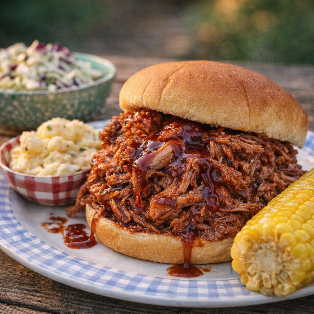 Barbecue pork sandwich with picnic sides on a weathered table