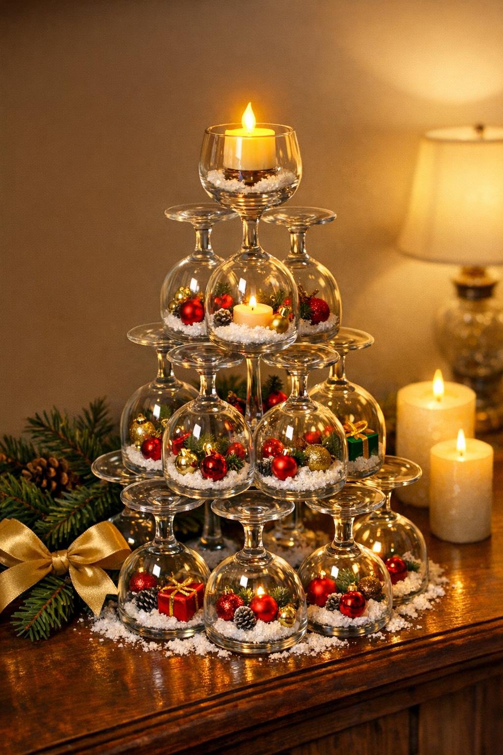 Finished wine glass pyramid tree displayed as holiday decor
