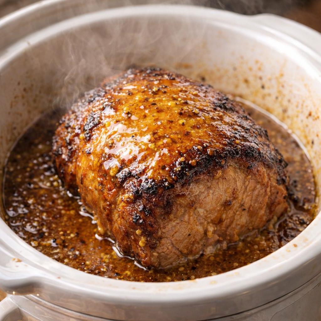 Finished pork roast with glossy honey mustard sauce in the slow cooker