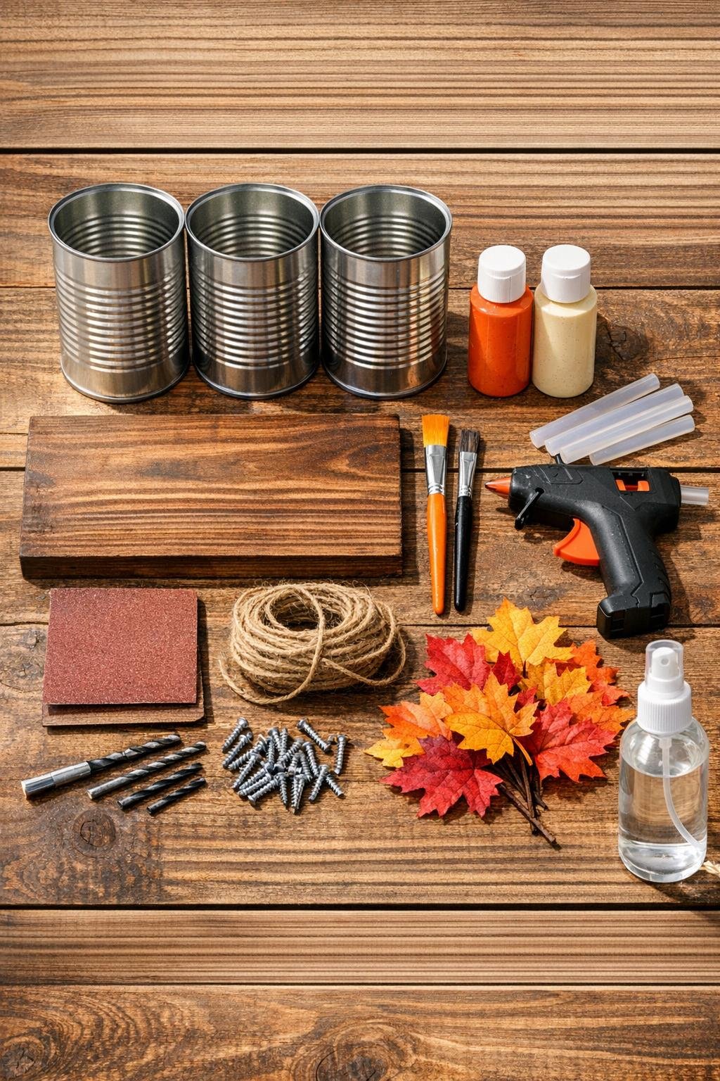 Materials for a fall utensil caddy made from three coffee cans