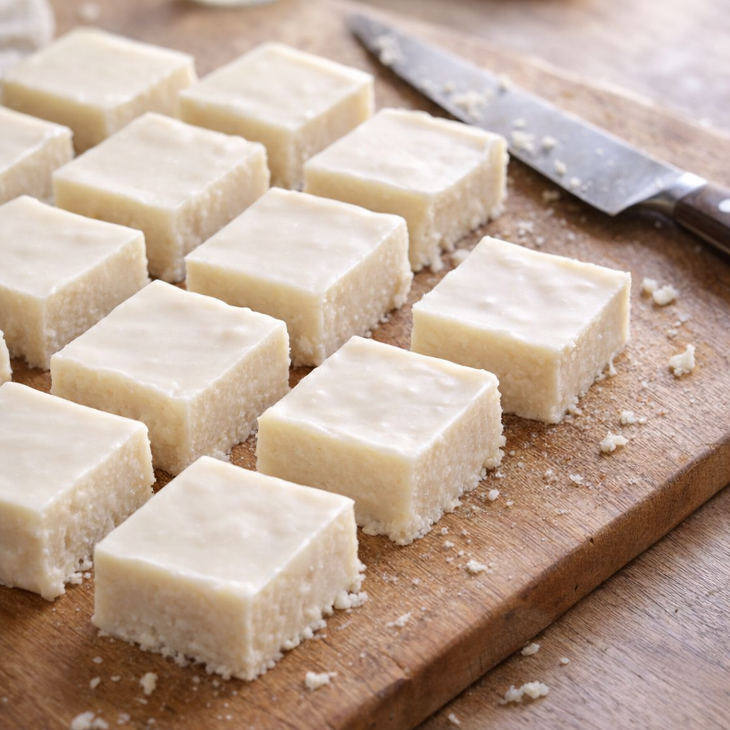Cut squares of white morsel fudge on a wooden board