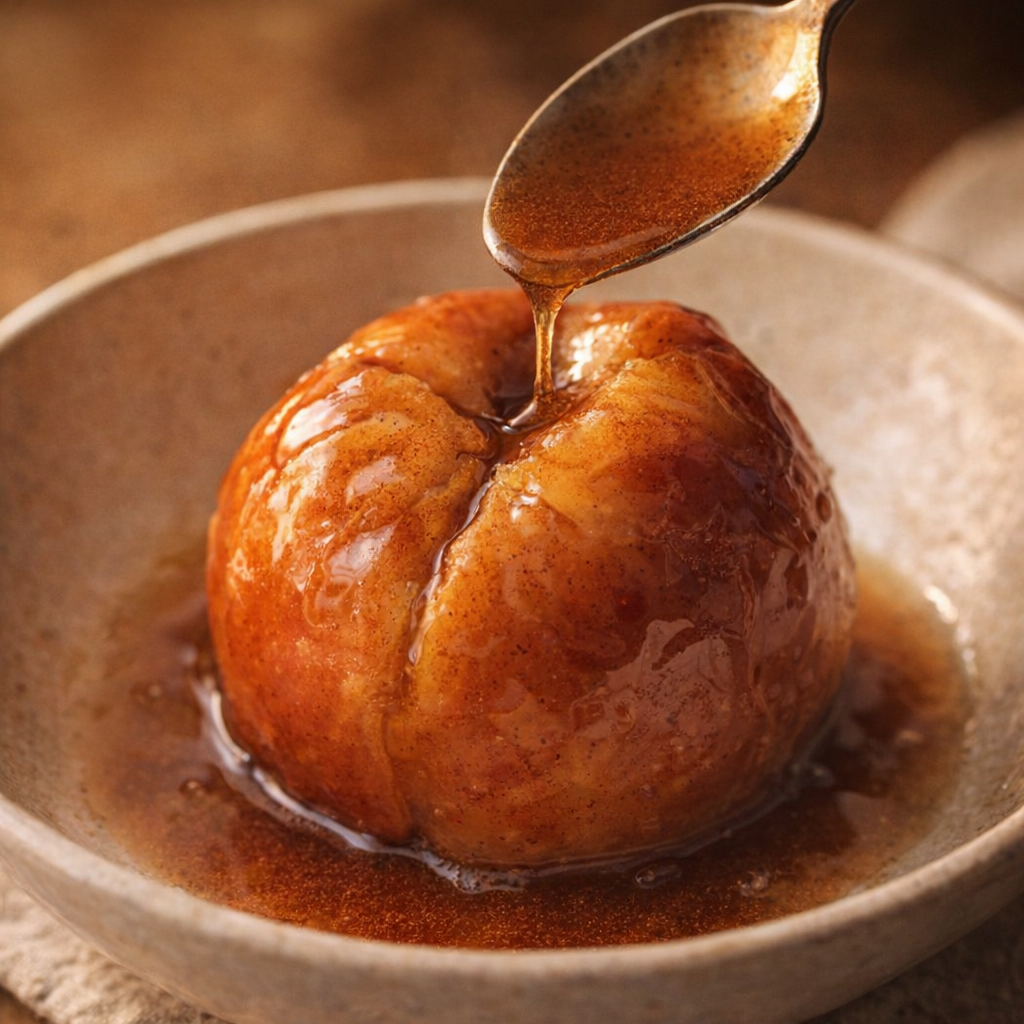 Warm baked apple on a dessert plate with cinnamon syrup