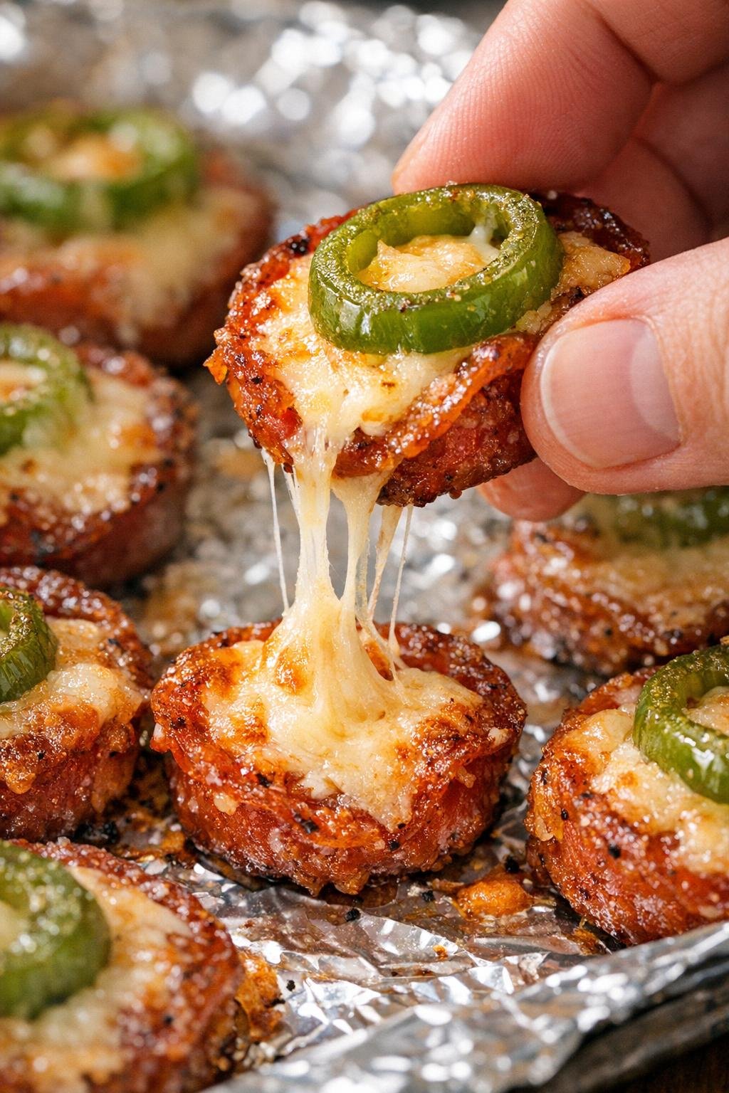 Low carb pepperoni belvedere bites on a foil tray