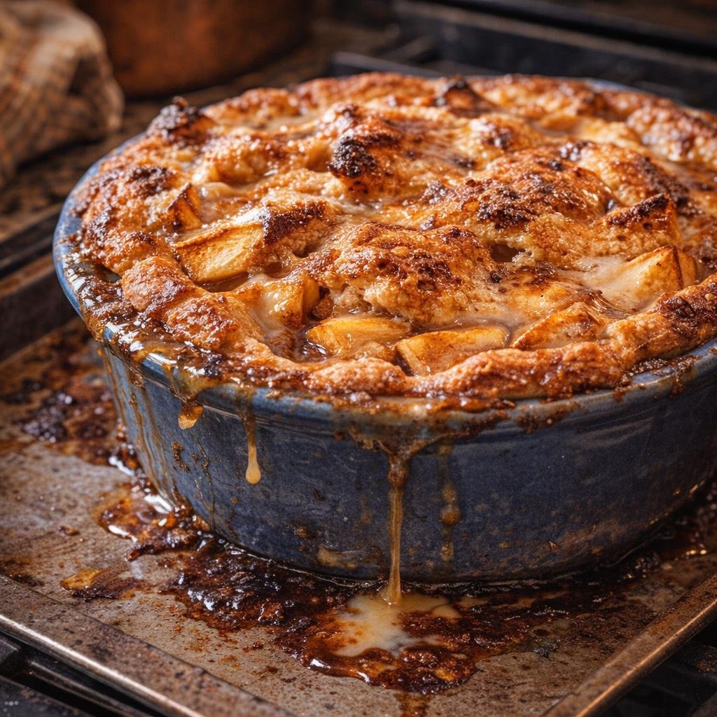 Baked pie dish with sticky overflow on the edges