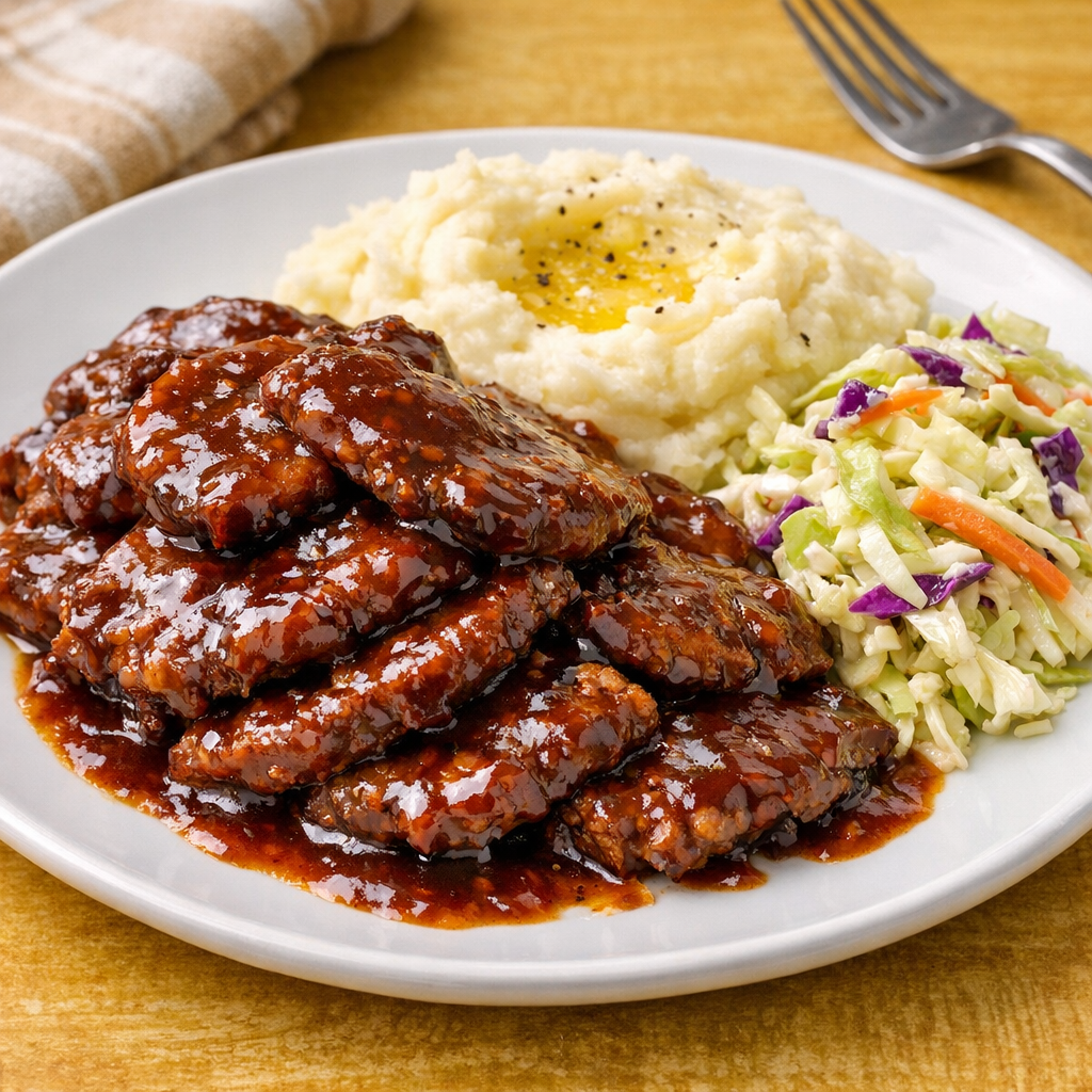 Finished plated poor man riblets with glossy barbecue sauce