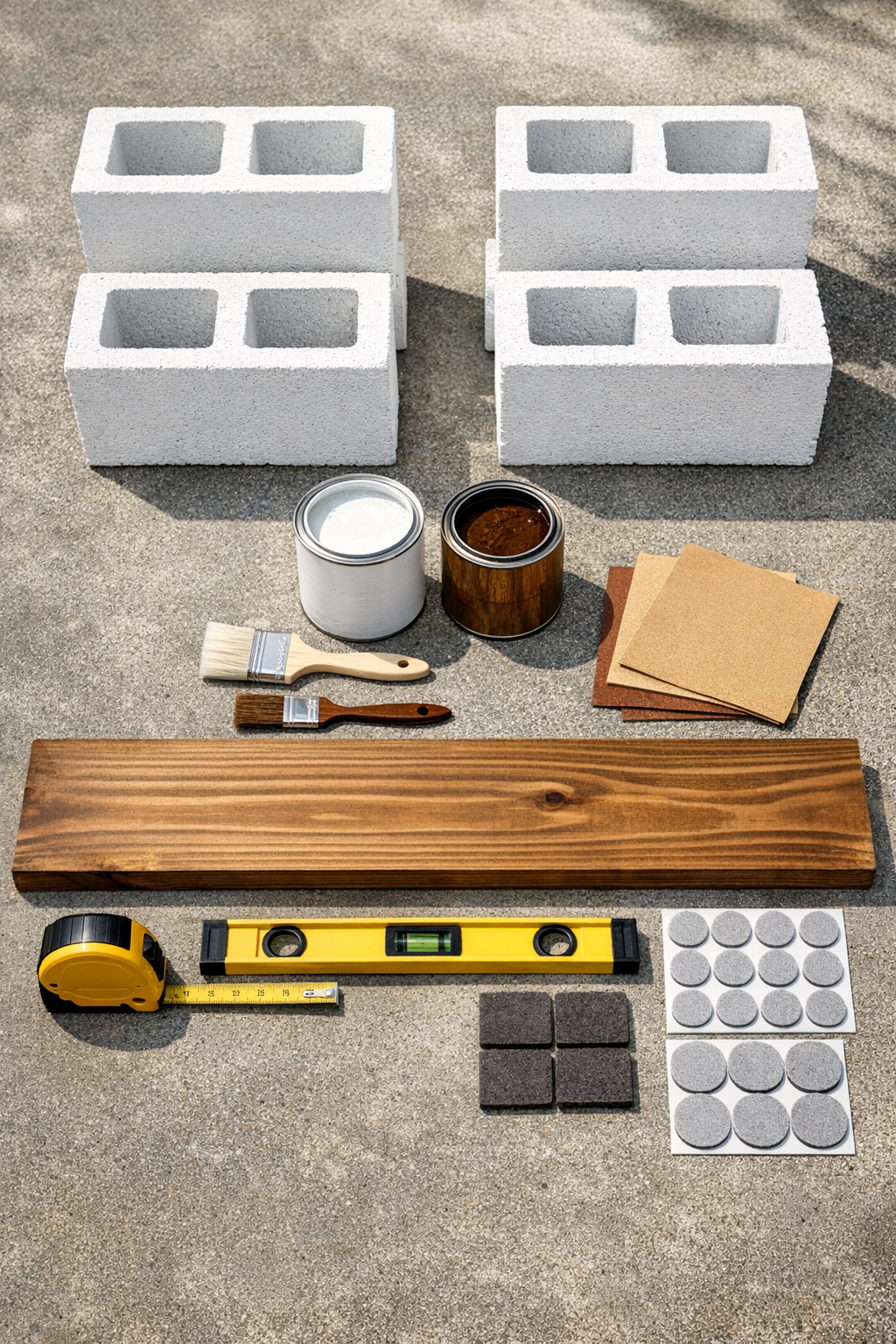 Materials for a cinder block outdoor projector stand laid out together