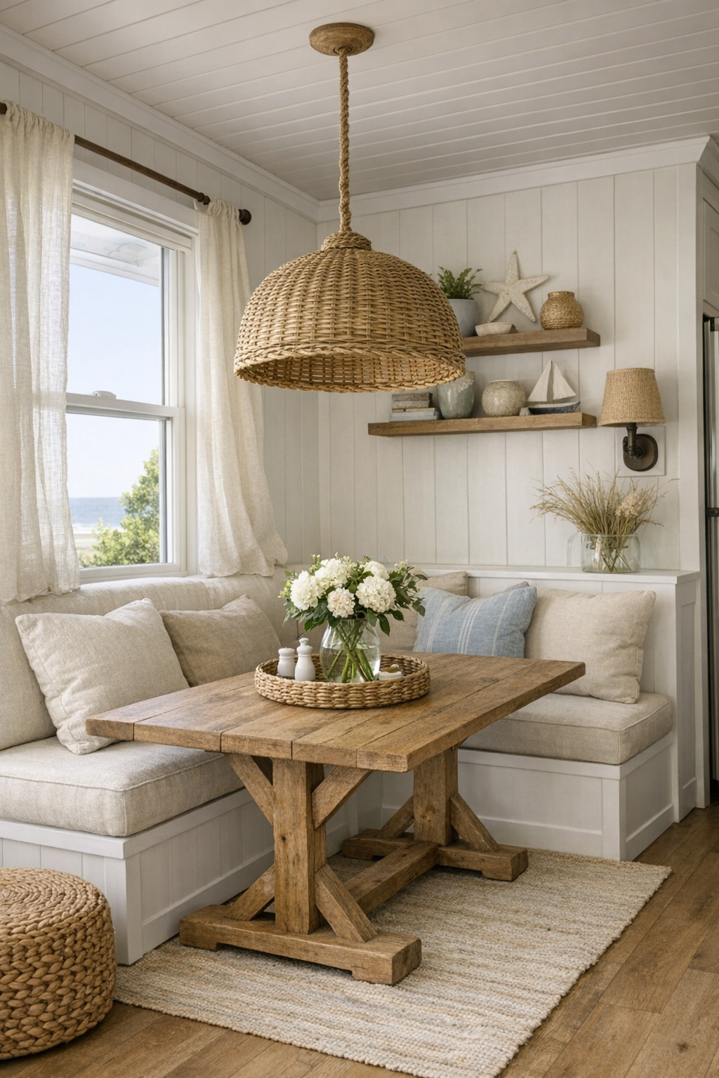 Coastal dining nook with built-in banquette, weathered wood table, and soft natural light