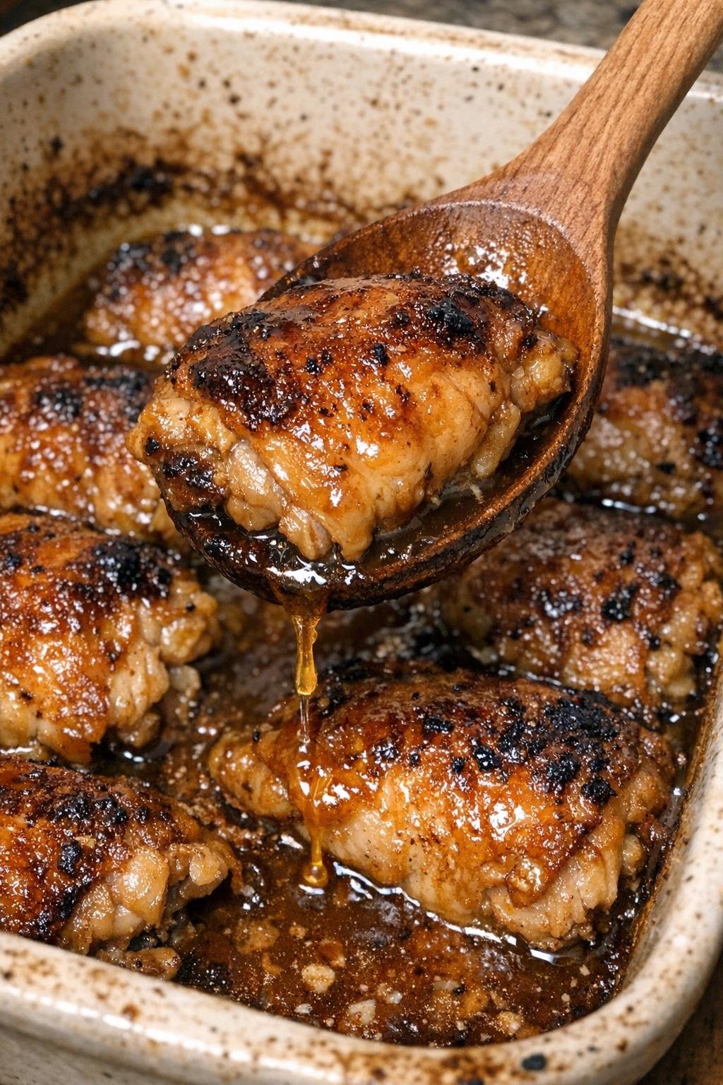Bronzed chicken in amber sauce in a stoneware casserole dish