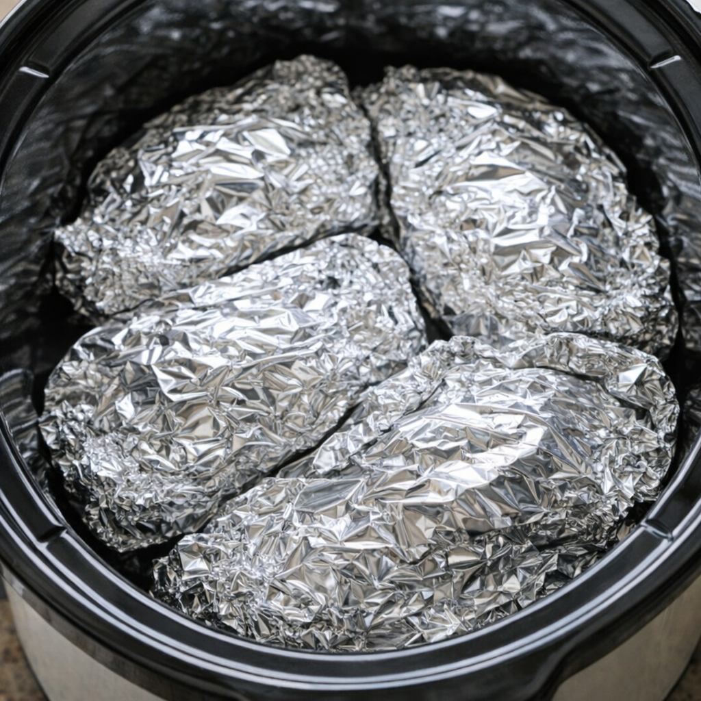 Foil packets arranged inside a slow cooker