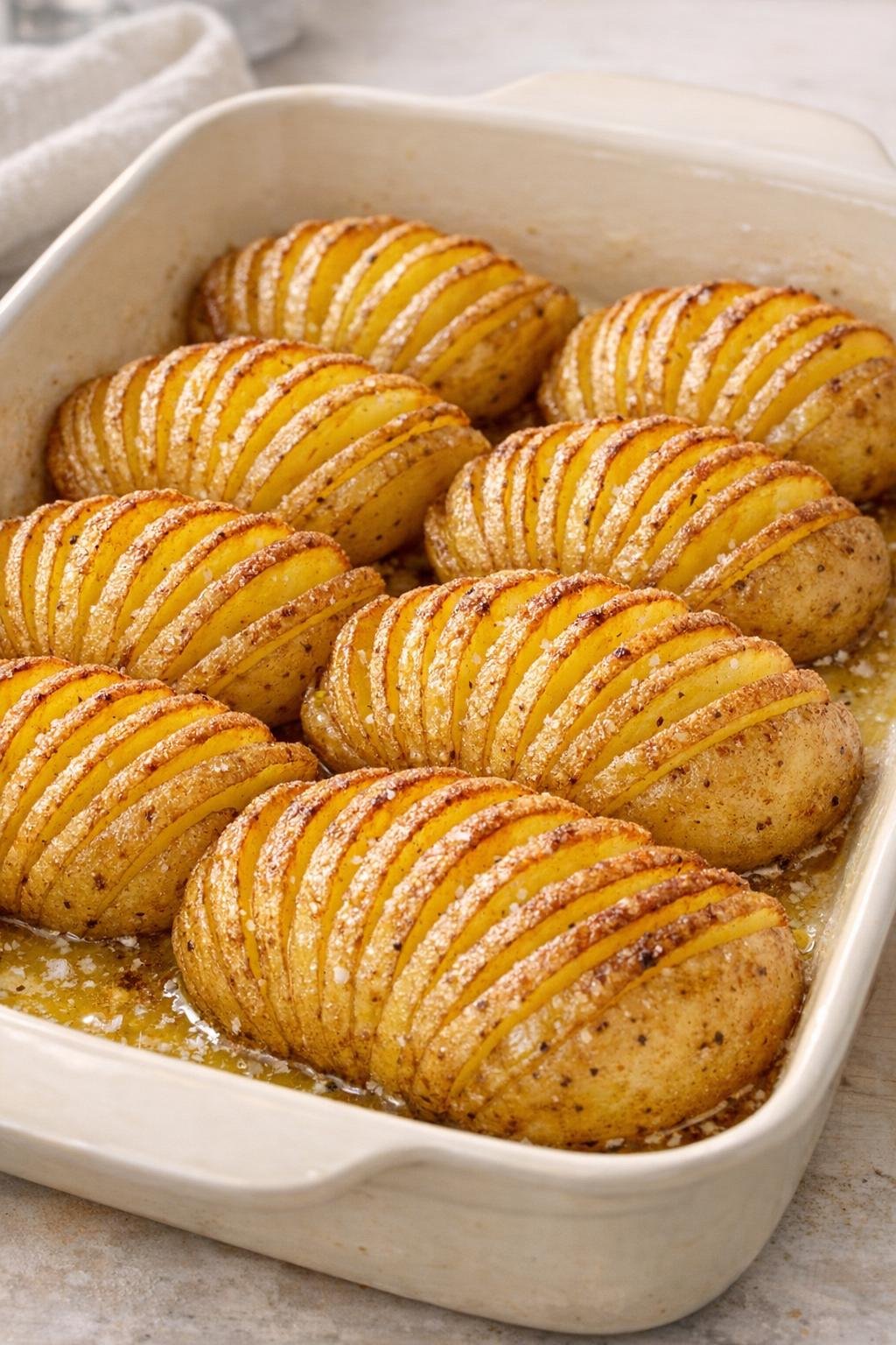 Sliced fan potatoes arranged in a baking dish
