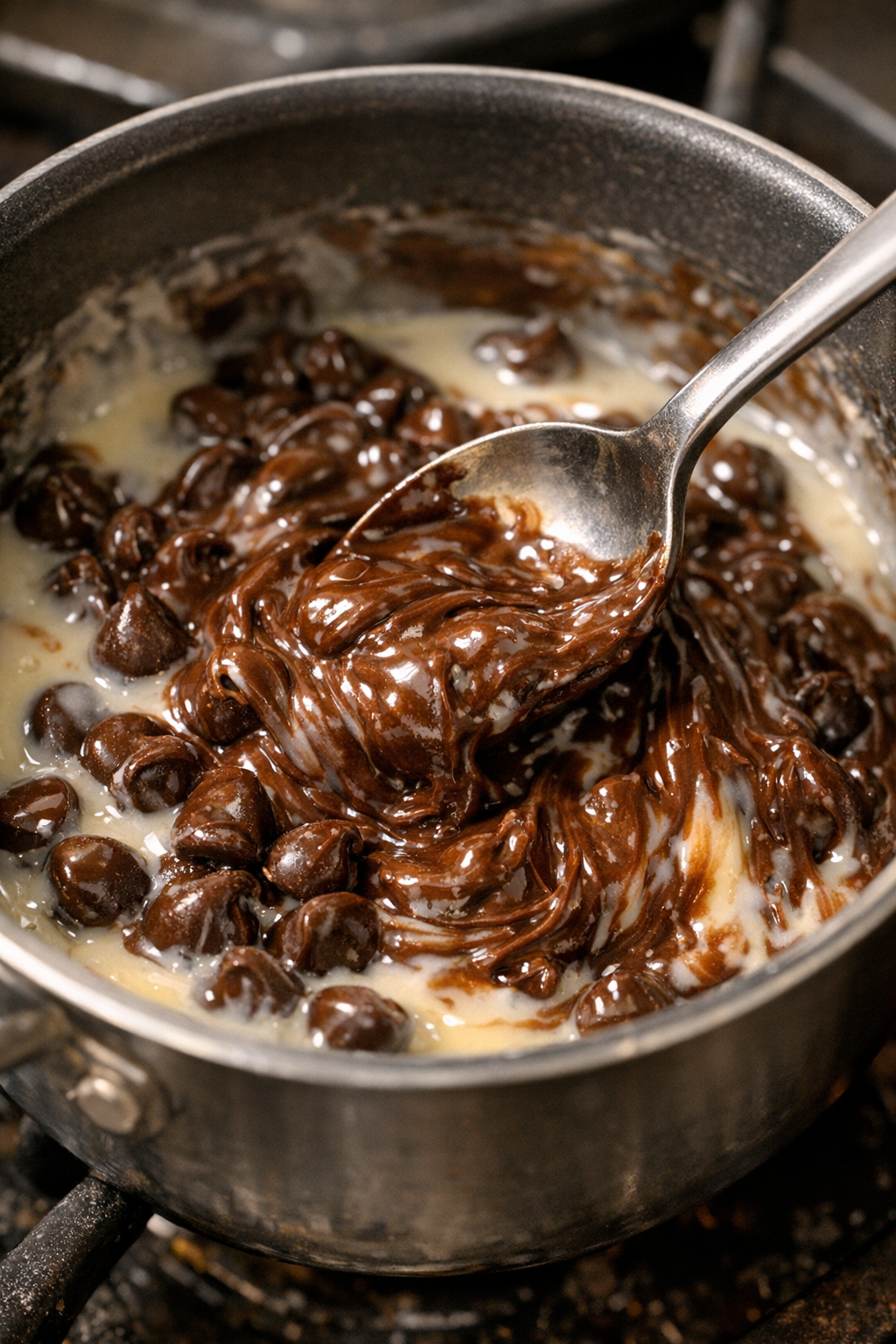 Chocolate chips melting into sweetened condensed milk