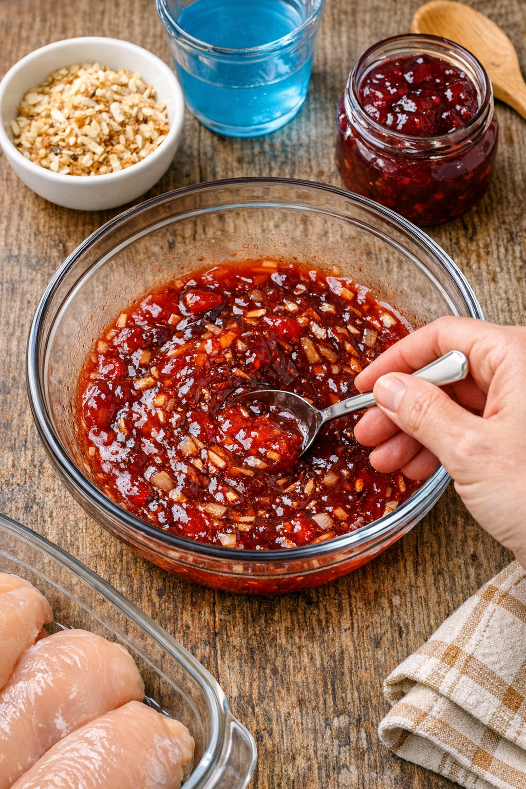 Sweet tangy sauce being mixed in a bowl