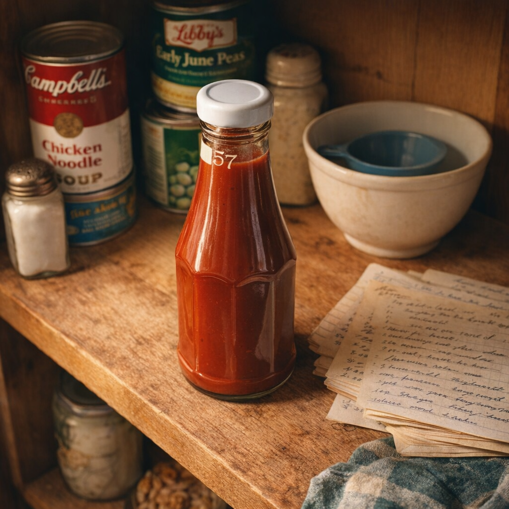 Vintage-style pantry shelf with ketchup bottle and old-fashioned kitchen details