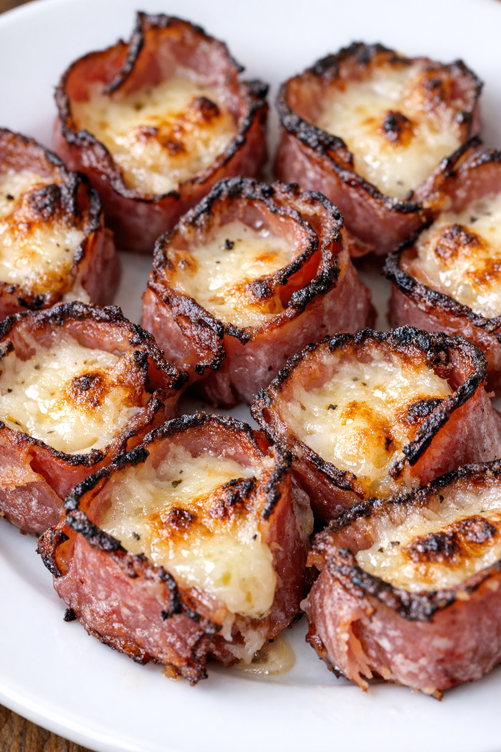 Low carb 3-ingredient pastrami swiss bites on a white plate