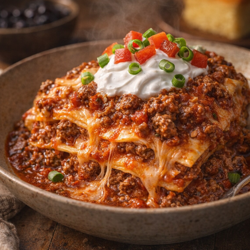 Bowl of enchilada stack with toppings on a farmhouse table