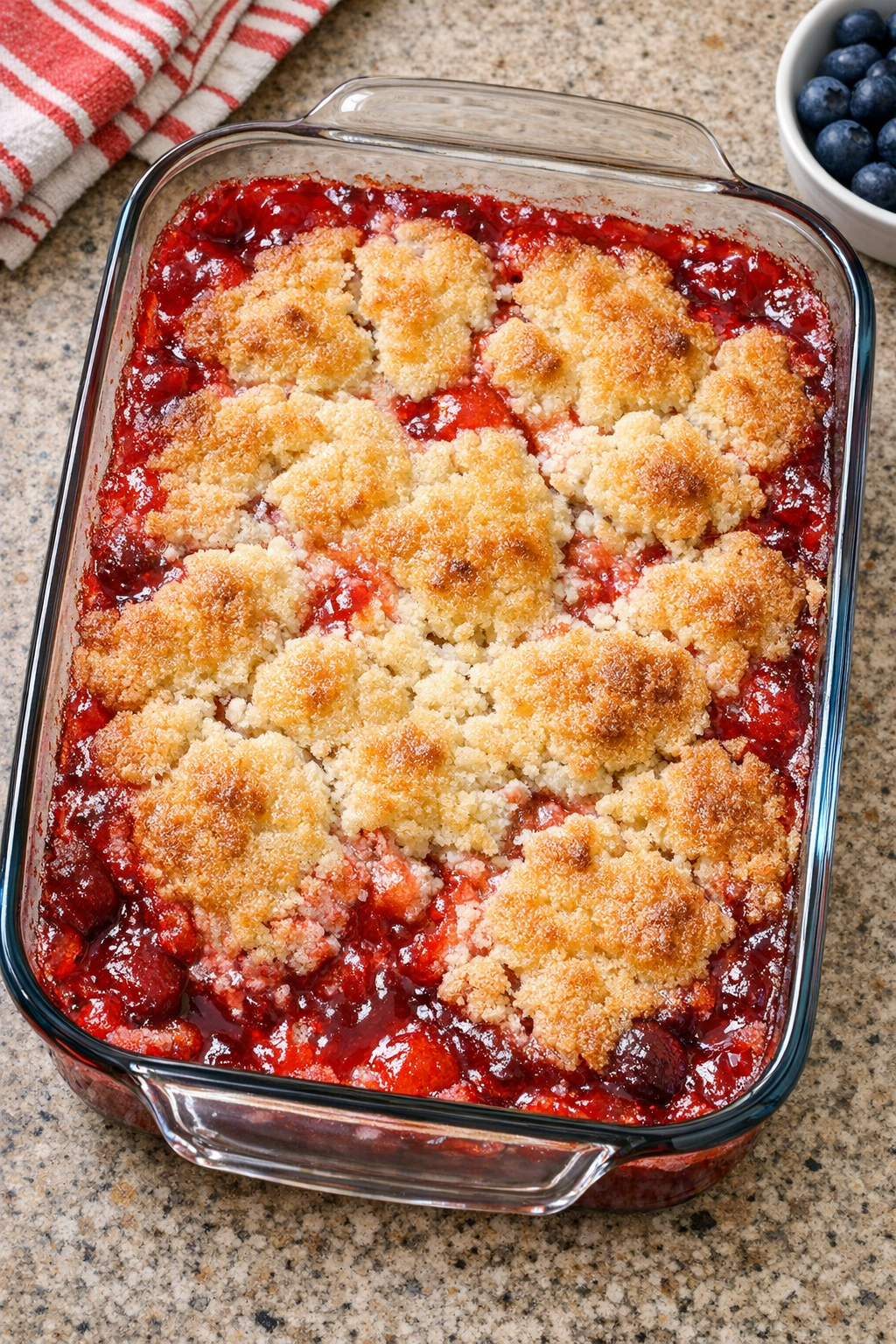 Baked fruit punch cobbler-style dessert in a glass baking dish