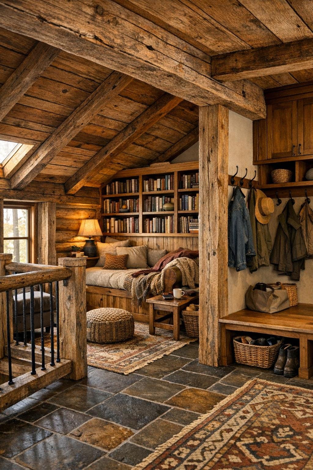 Barn-home loft and mudroom details with built-ins, bench seating, and warm rustic finishes