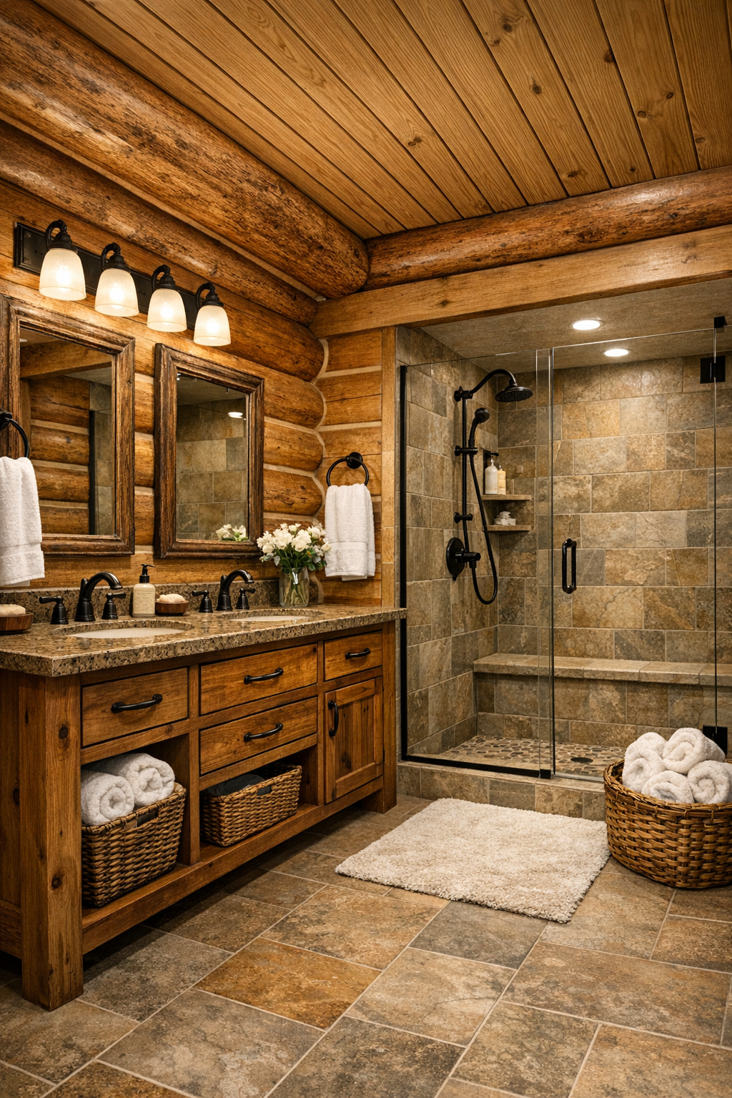 Bathroom with wood vanity, walk-in shower, and warm natural textures