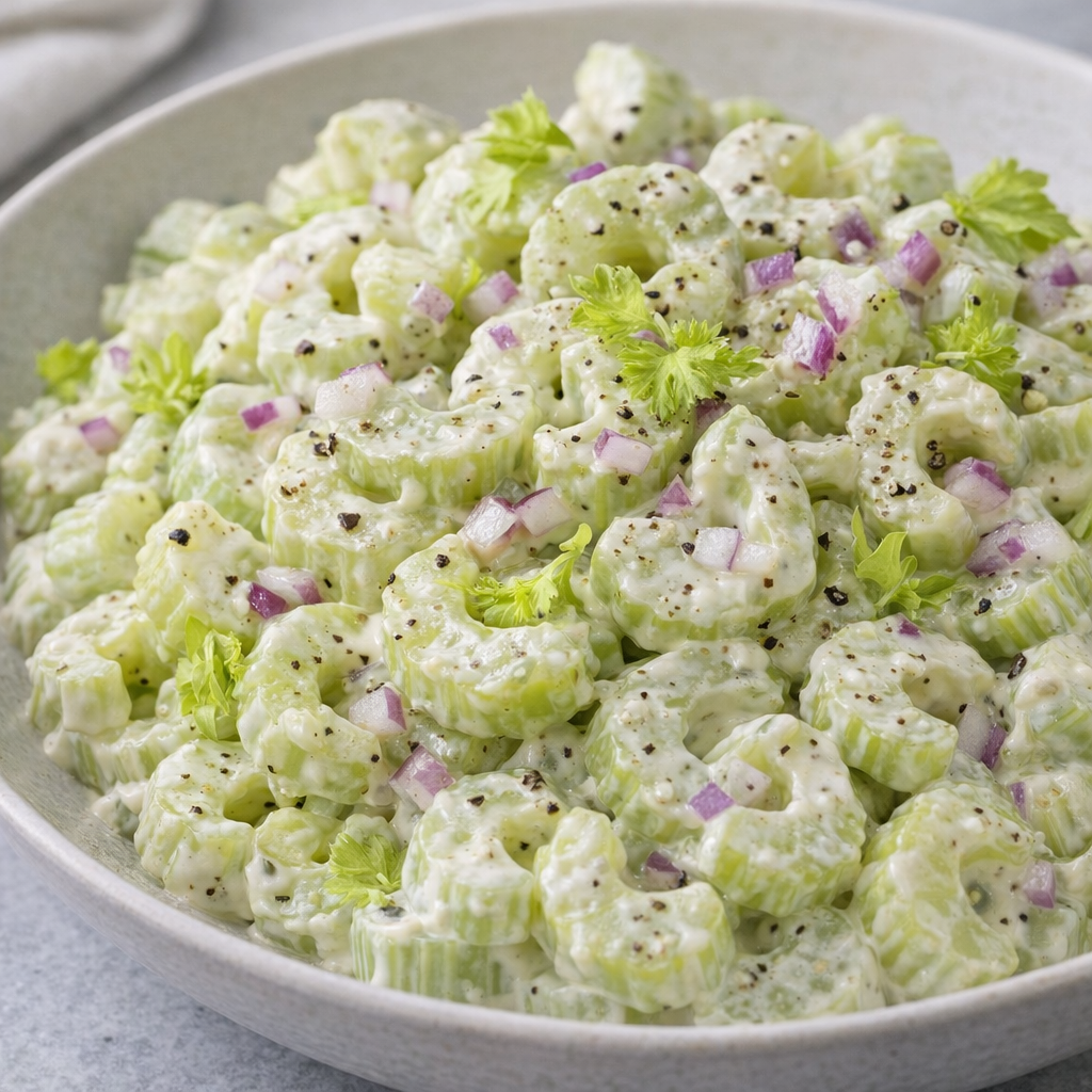 Creamy celery salad with optional red onion and celery leaves