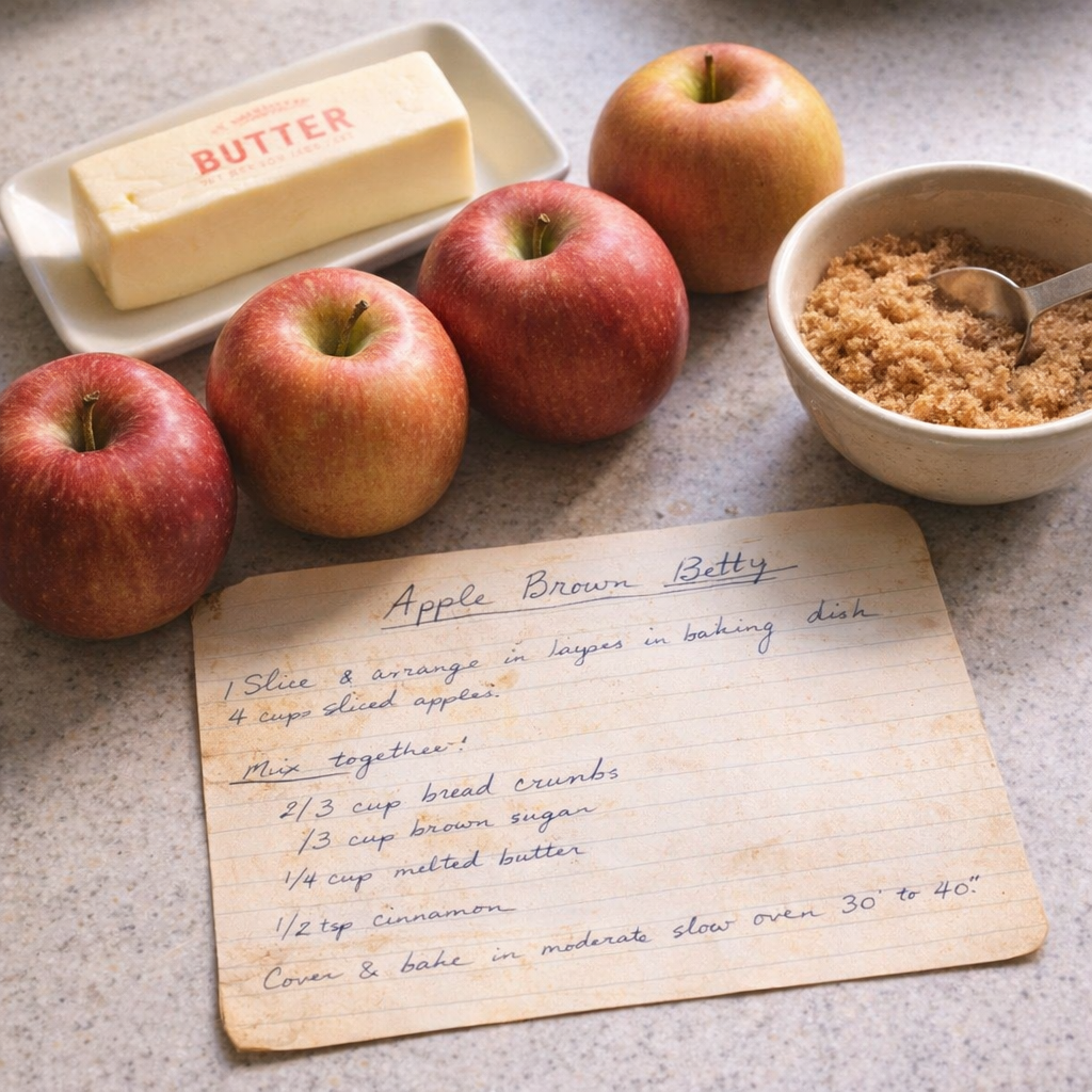 Vintage recipe card and apples on a kitchen counter