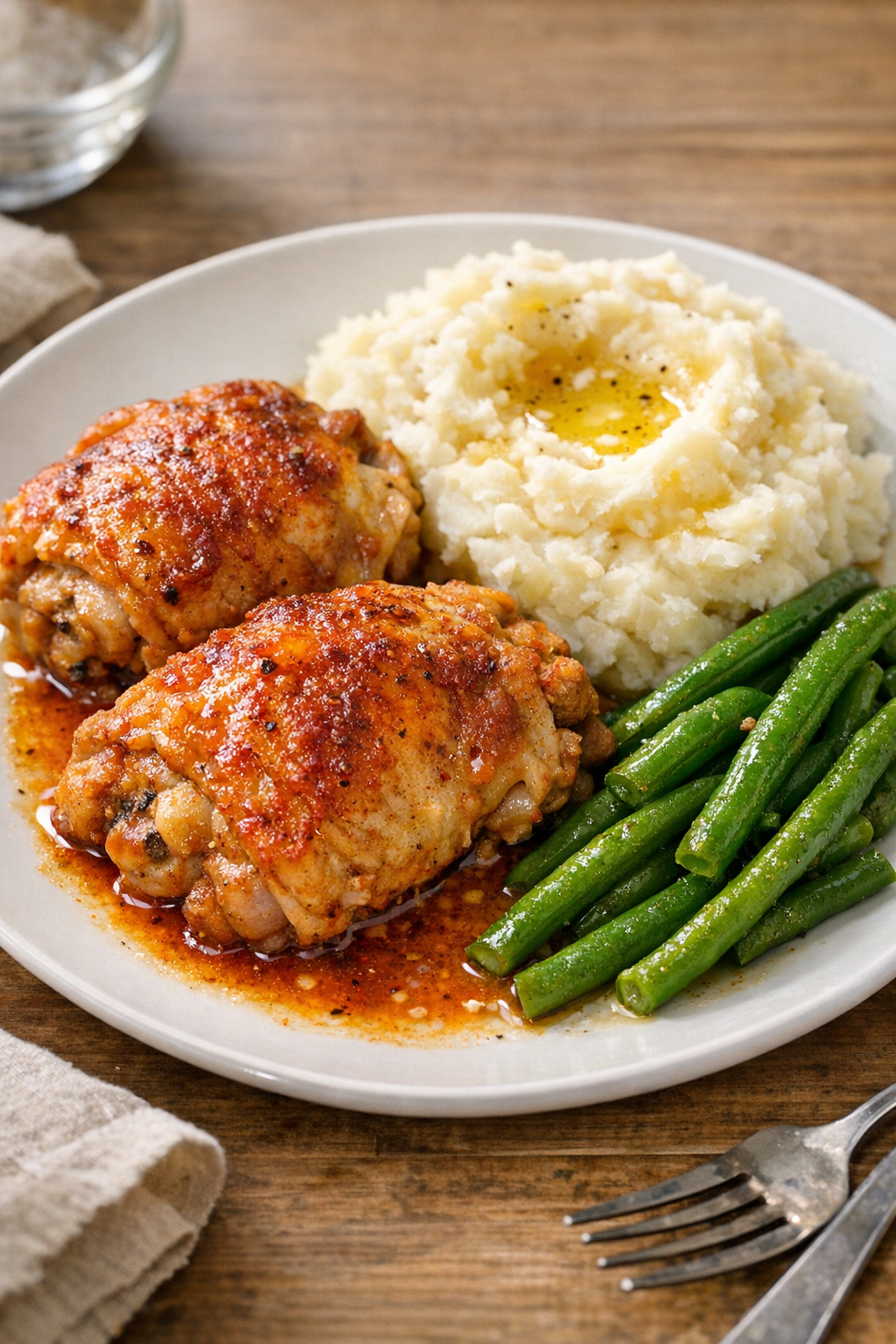 Plated paprika chicken with buttery juices and simple sides