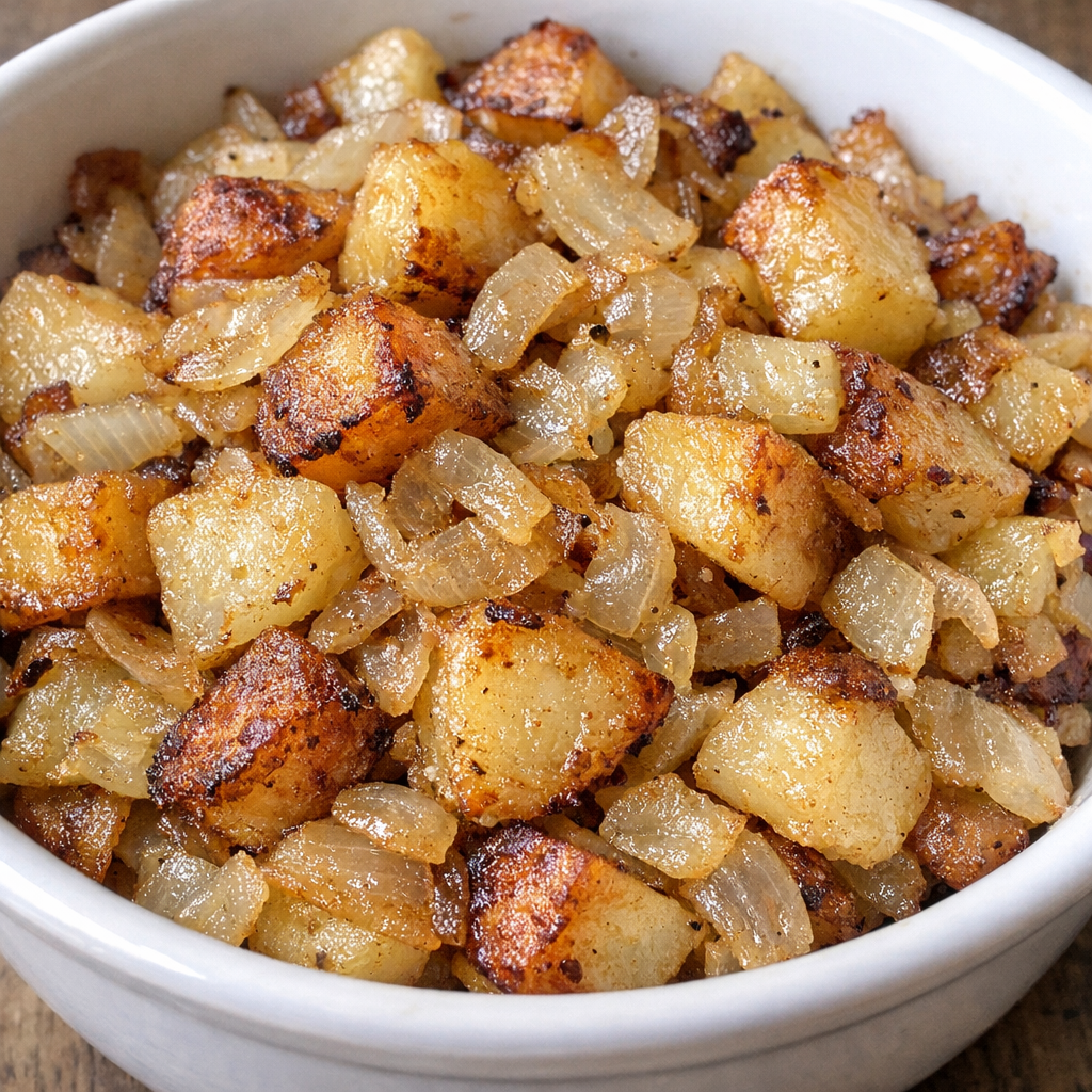 Fried potatoes and onions in a white bowl