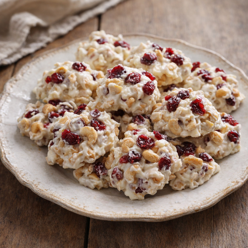 Homemade white cashew cranberry clusters on a vintage plate