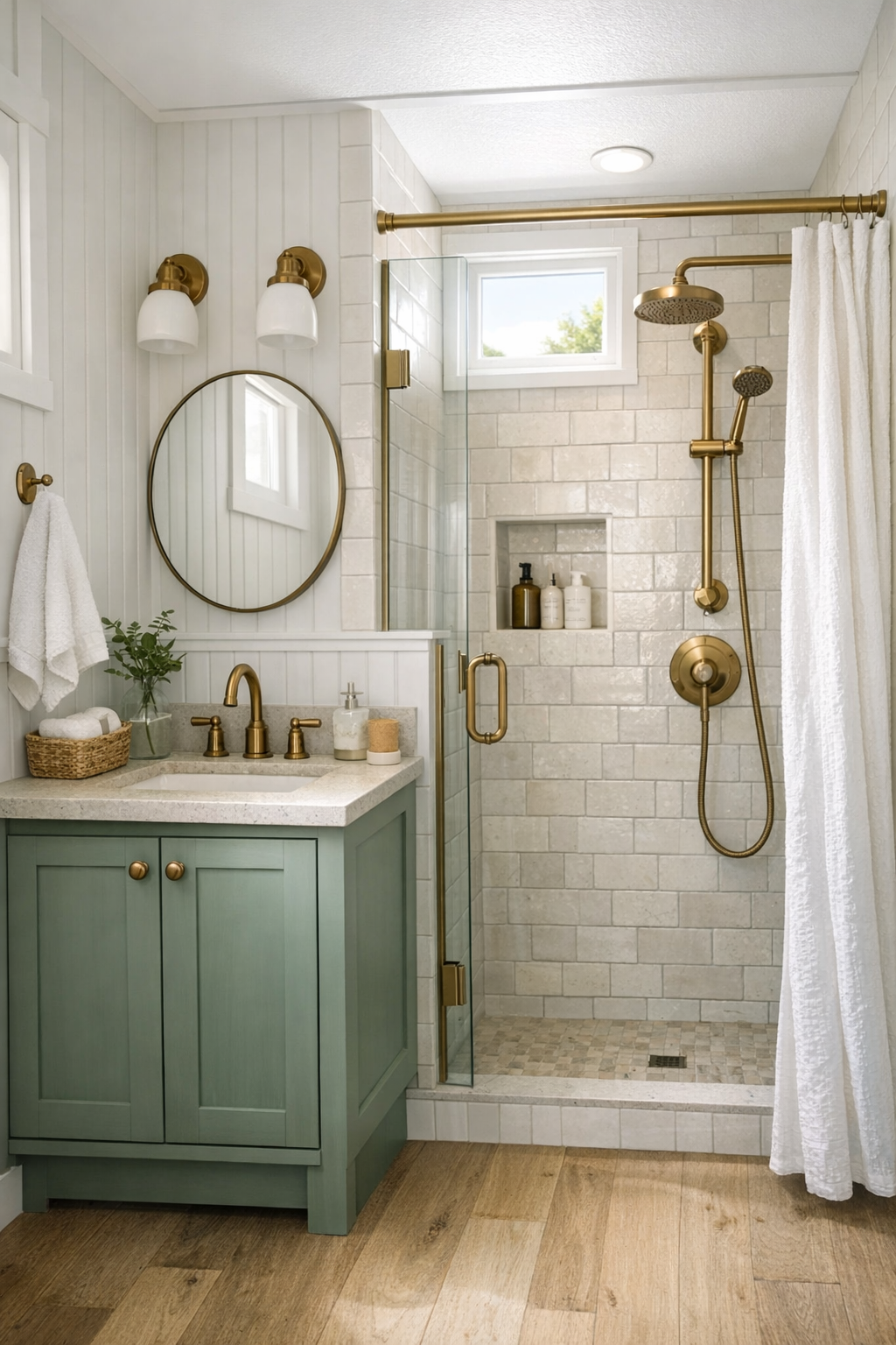 Bright tiny home bathroom with painted wood vanity, pale tile, and warm brass details