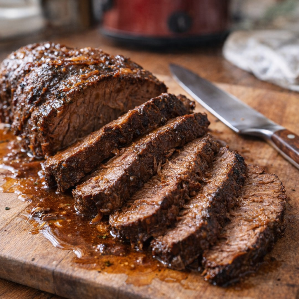 Sliced beef roast on a cutting board