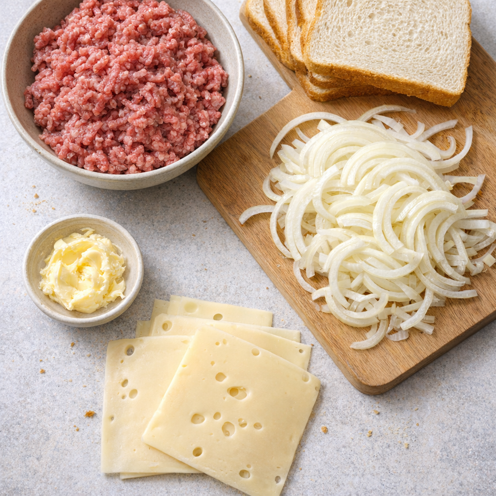 Patty melt ingredients arranged on a kitchen counter