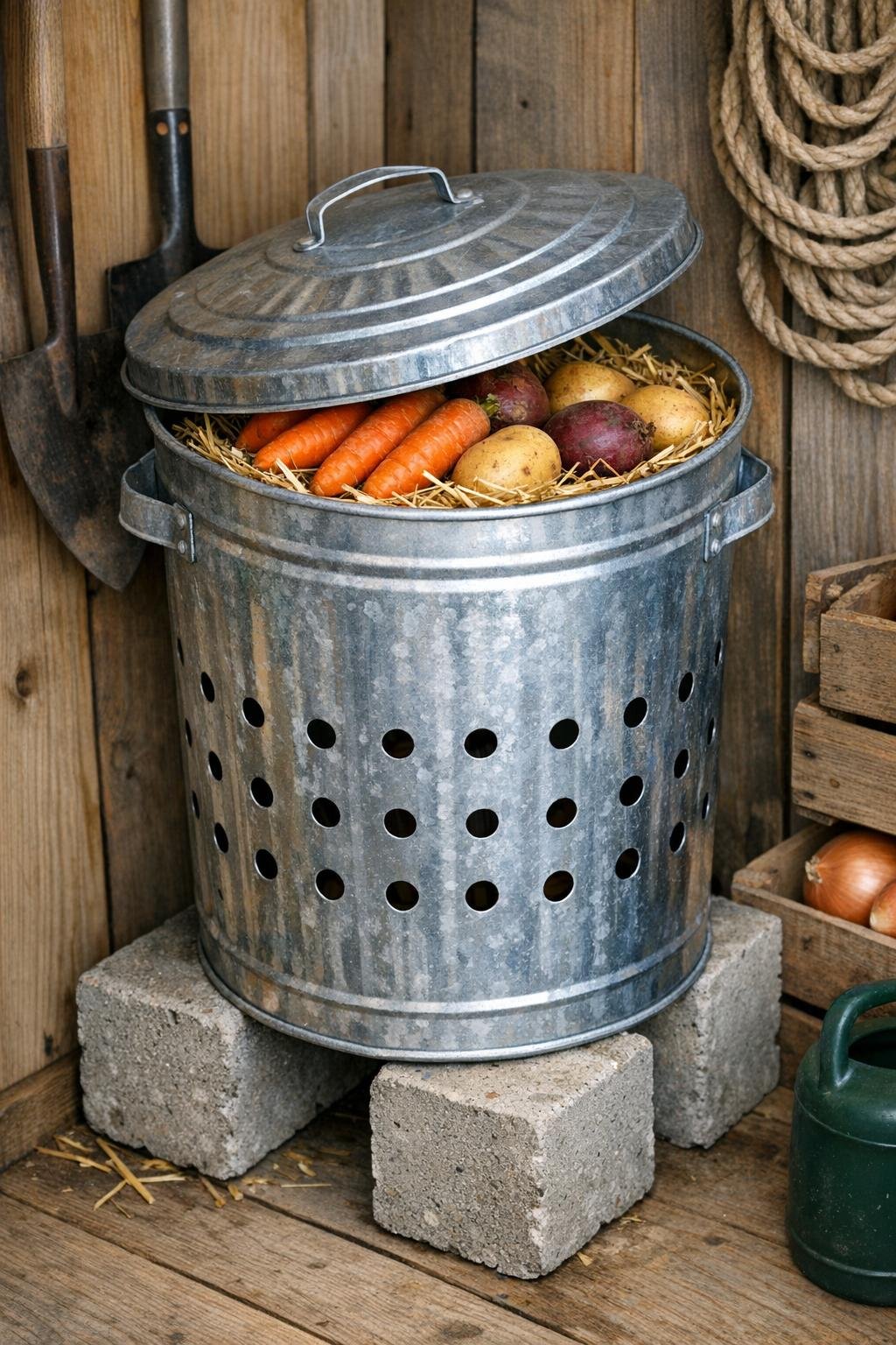 Finished galvanized trash can root vegetable storage bin in a shed