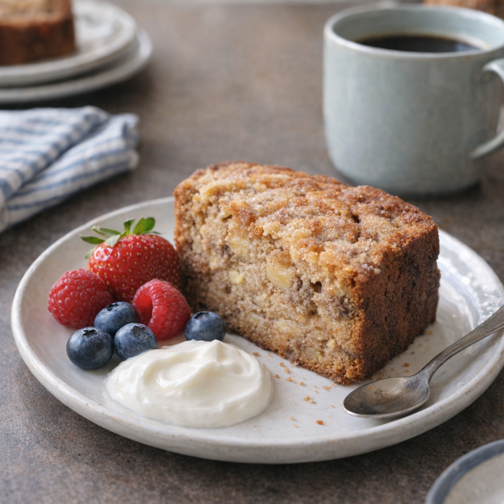 Banana loaf served with coffee and fruit for breakfast