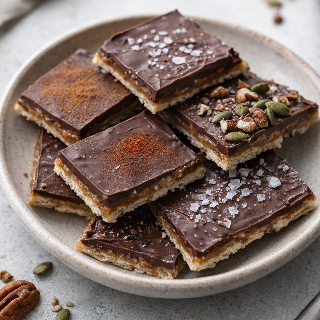 Toffee pieces topped with cinnamon, chili, and chopped nuts